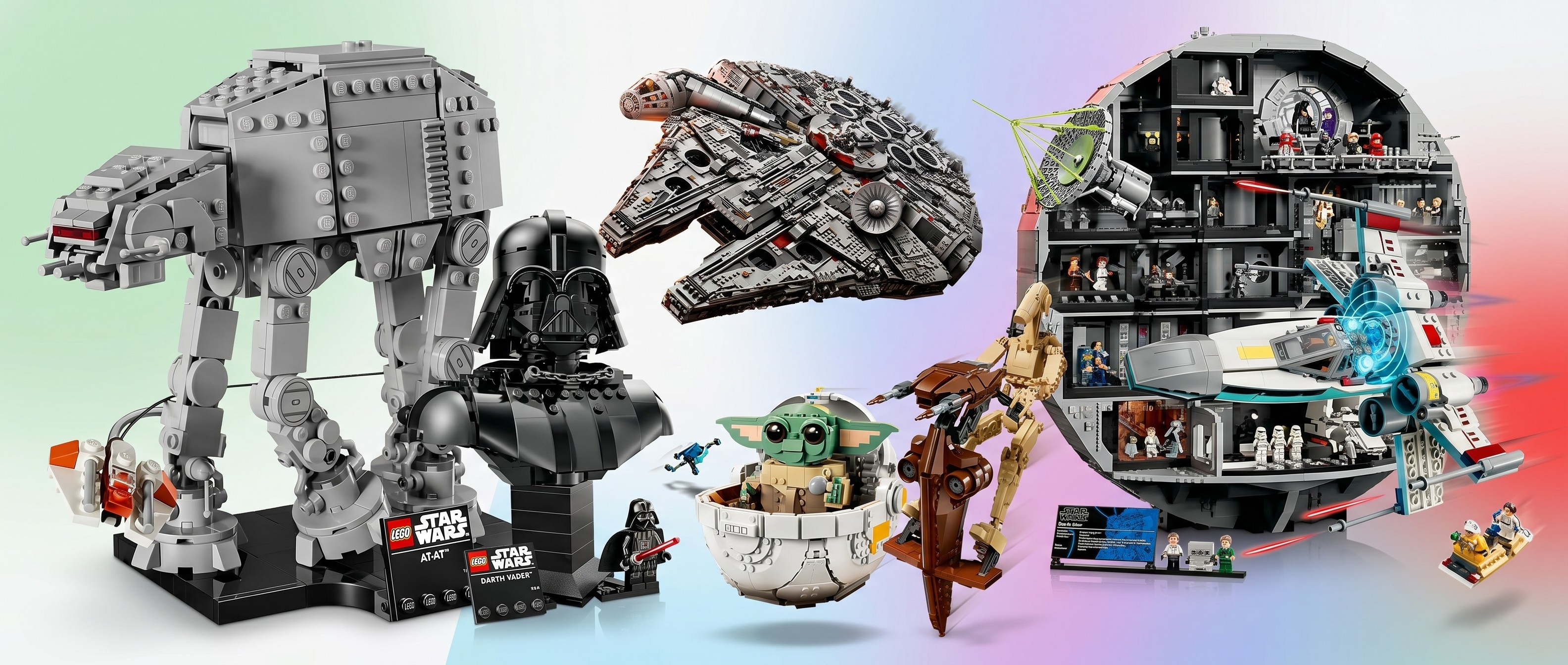 Star Wars Lego sets on gradient background in collage 