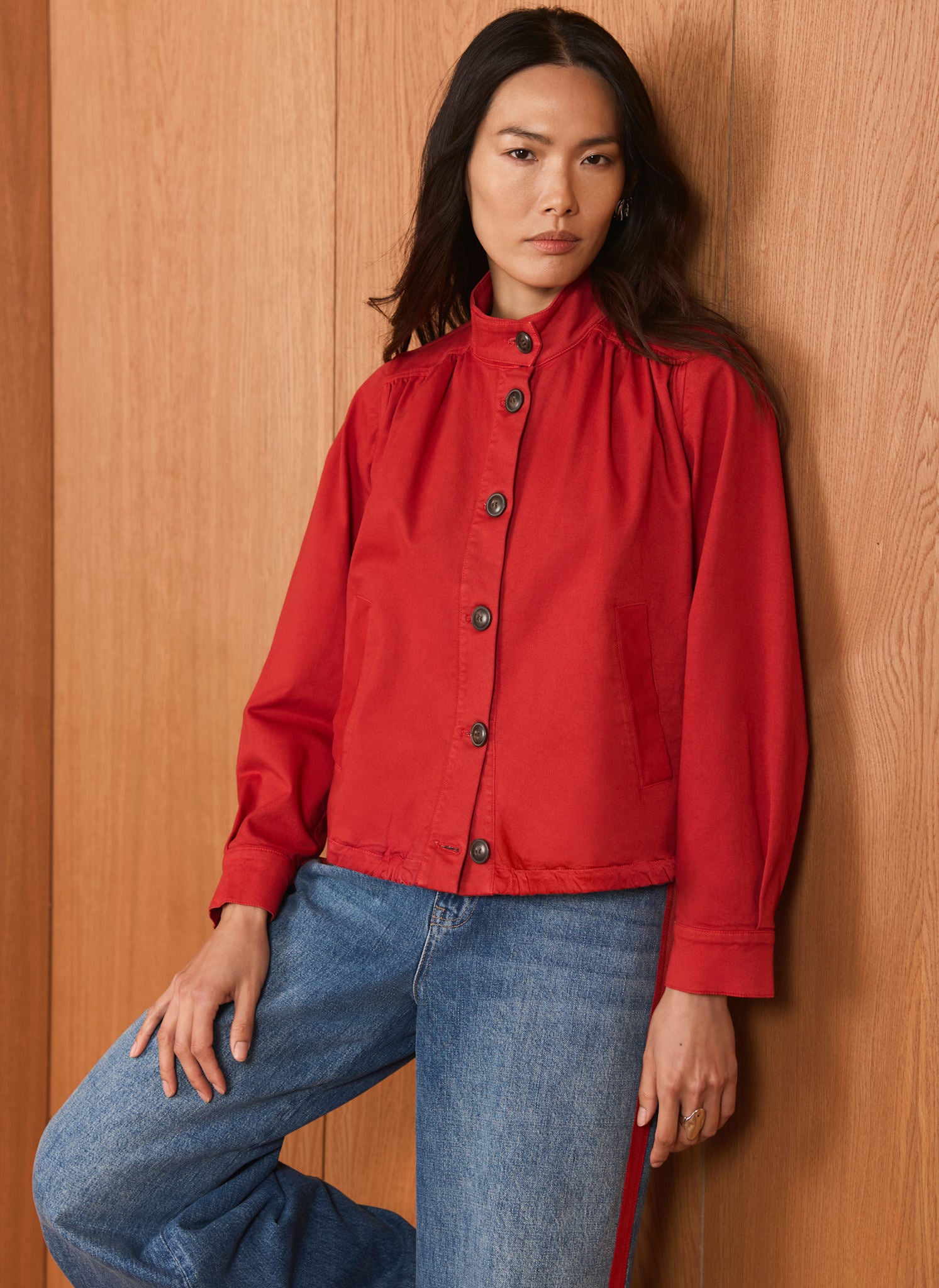 Red Cotton Blend Puff Sleeve Jacket