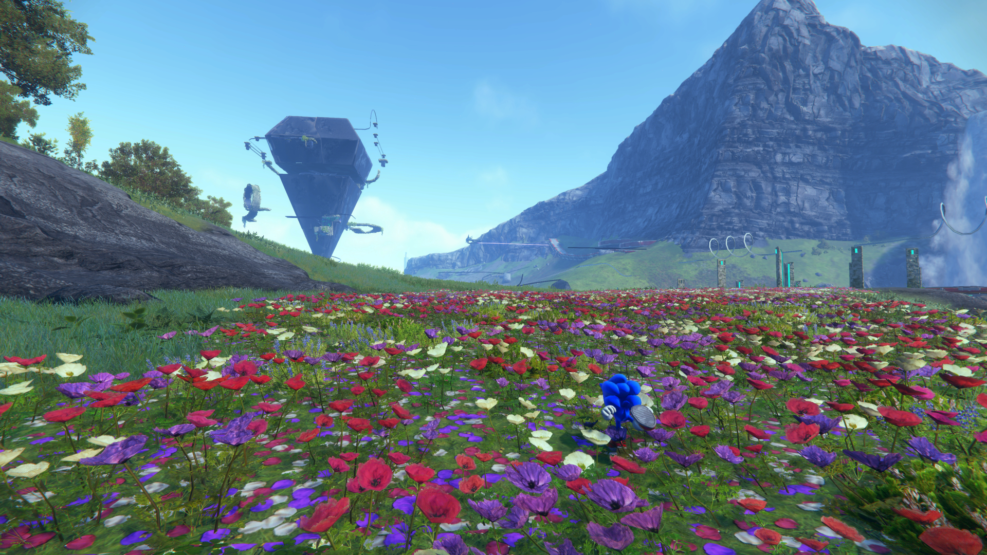 Sonic Frontiers - Sonic correndo por um campo florido na Ilha de Kronos