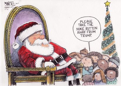 Political cartoon U.S. Christmas Trump nuclear arms