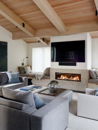 Small grey living room with wooden ceiling, fireplace and TV
