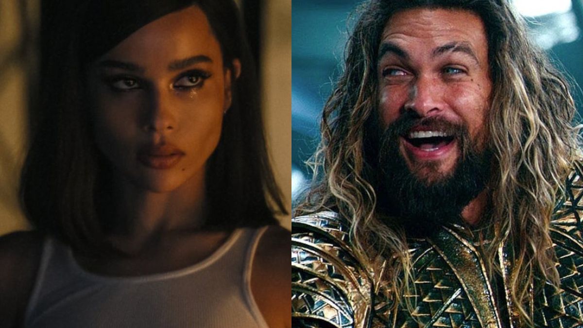 Zoe Kravitz as Selina Kyle in The Batman and Jason Momoa in Aquaman