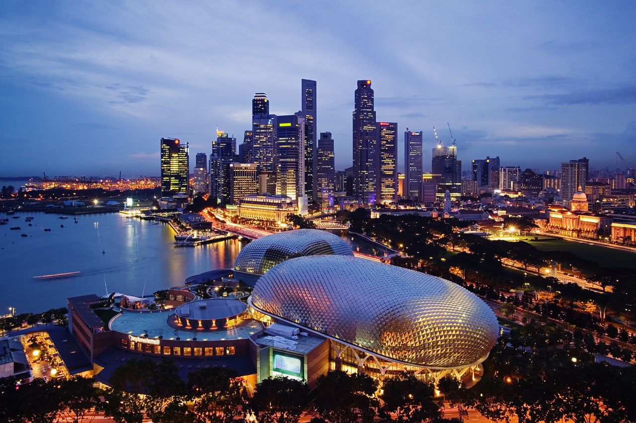 Singapore, Singapore City, city skyline at dusk, elevated view