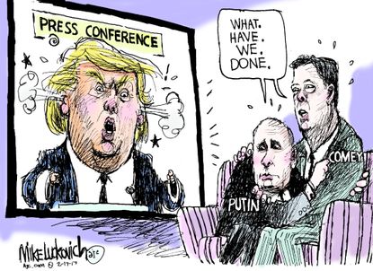 Political Cartoon U.S. Donald Trump press conference Putin Comey