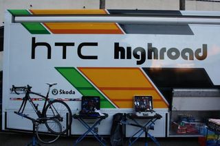 The HTC-Highroad bus outside the team's base in Mallorca, Spain