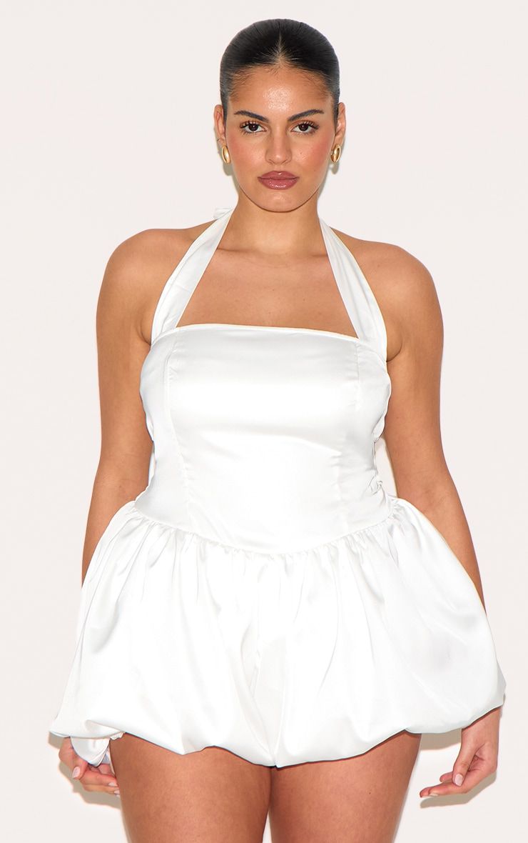 Plus White Satin Halter Neck Puffball Romper