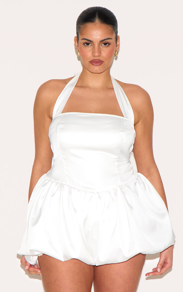 Plus White Satin Halter Neck Puffball Romper