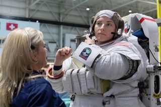 NASA astronaut Kayla Barron undergoes spacewalk training.