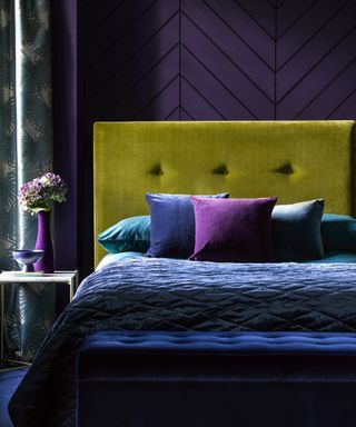 Luxury bedroom idea with purple and yellow by Sofa.com