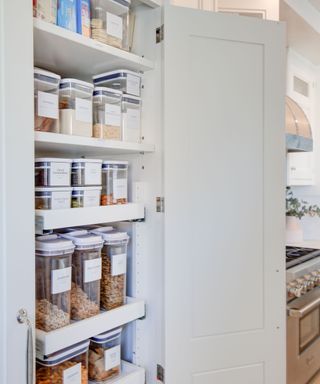 A white kitchen pantry with pull out shelves