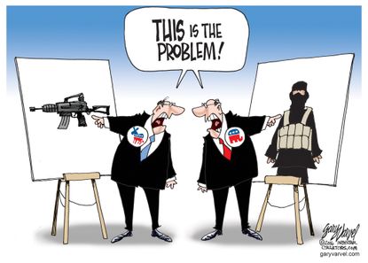 Political cartoon U.S. Democrats Republicans guns extremism