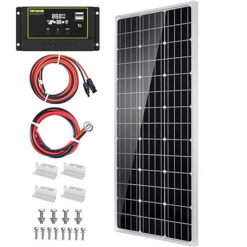 Topsolar Solar Panel Kit 100 Watt 12 Volt Monocrystalline Off Grid System for Homes Rv Boat + 30a 12v/24v Lcd Pwm Solar Charge Controller + 16ft Solar Cables With Connector + Z-Brackets for Mounting