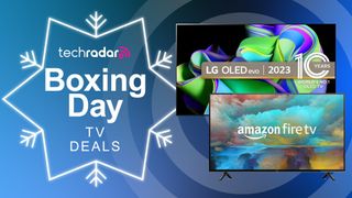 LG and Amazon Fire TV next to TechRadar Boxing Day TV sale logo