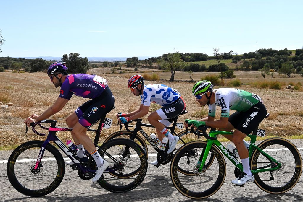 TARRAGONA SPAIN AUGUST 29 LR Ander Okamika Bengoetxea of Spain and Team BurgosBH Eduardo Seplveda of Argentina and Team Lotto Dstny Polka dot Mountain Jersey and David Gonzlez of Spain and Team Caja Rural Seguros RGA compete in the breakaway during the 78th Tour of Spain 2023 Stage 4 a 1846km stage from Andorra la Vella to Tarragona UCIWT on August 29 2023 in Tarragona Spain Photo by Tim de WaeleGetty Images