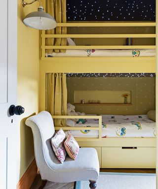Underbed storage ideas with yellow bunk beds