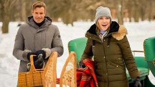Katie Cassidy and Stephen Huszar filming Hallmark's A Royal Christmas Crush