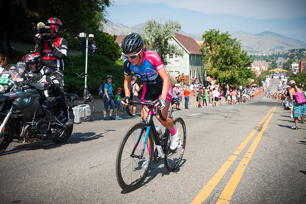 Amanda Miller (Visit Dallas p/b Noise4Good) continues her attack and increases her gap while the field watches the top GC contenders.