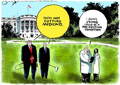 Political cartoon U.S. GOP health-care bill Medicaid cuts Trump Pence lying