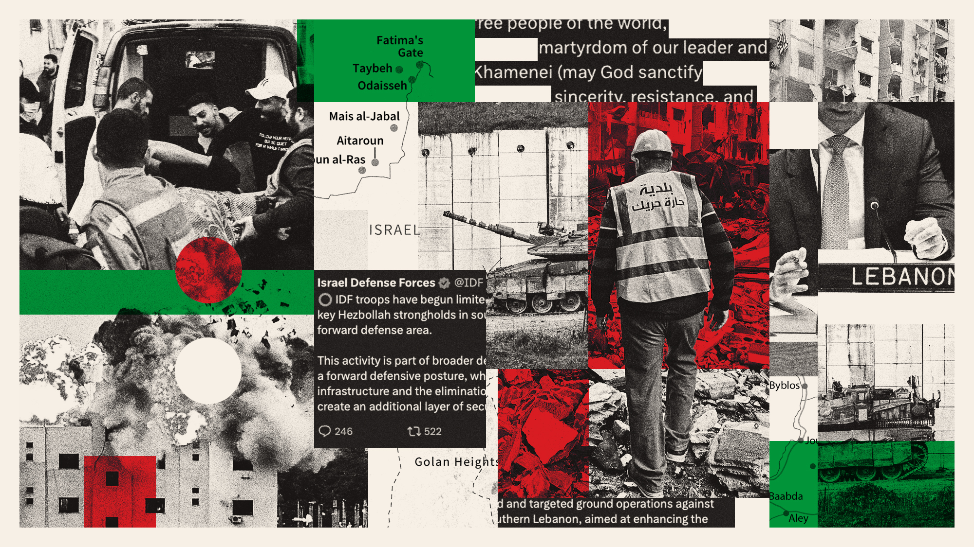 Photo composite illustration of scenes from Israeli attacks on Lebanon, IDF and Hezbollah statements, and Ambassador Arafa at the UN