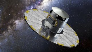 An illustration of the Gaia spacecraft as it makes its observations.