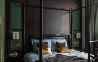 A chocolate brown and dark green scheme for a bedroom