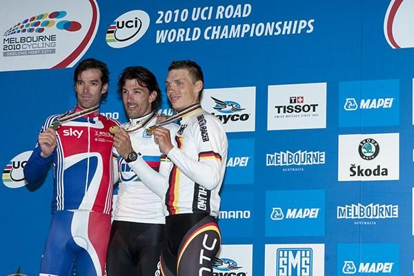 Time-trial podium (L-R): David Millar (Great Britain), Fabian Cancellara (Switzerland), and Tony Martin (Germany).