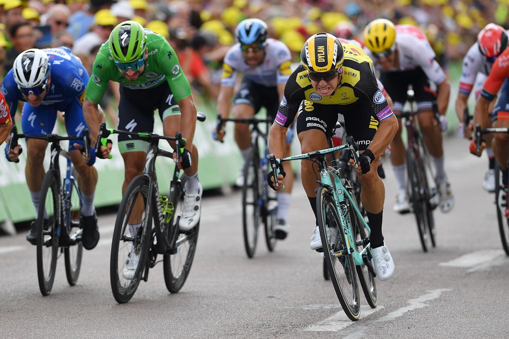 Caleb Ewan, Peter Sagan and Dylan Groenewegen fight to the line at the end of stage 7 at the Tour de France