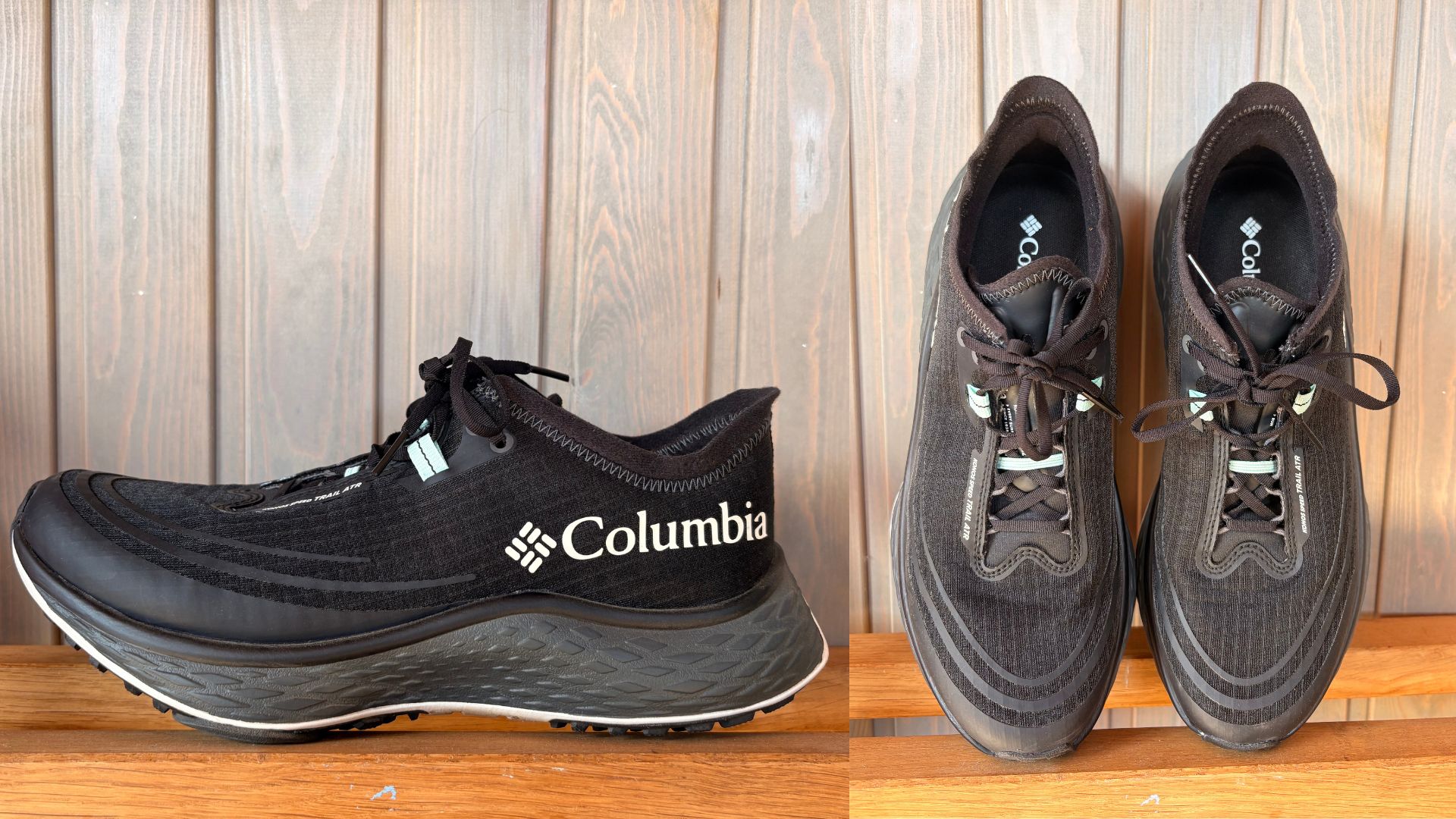 Columbia trail shoes sitting on wooden ledge