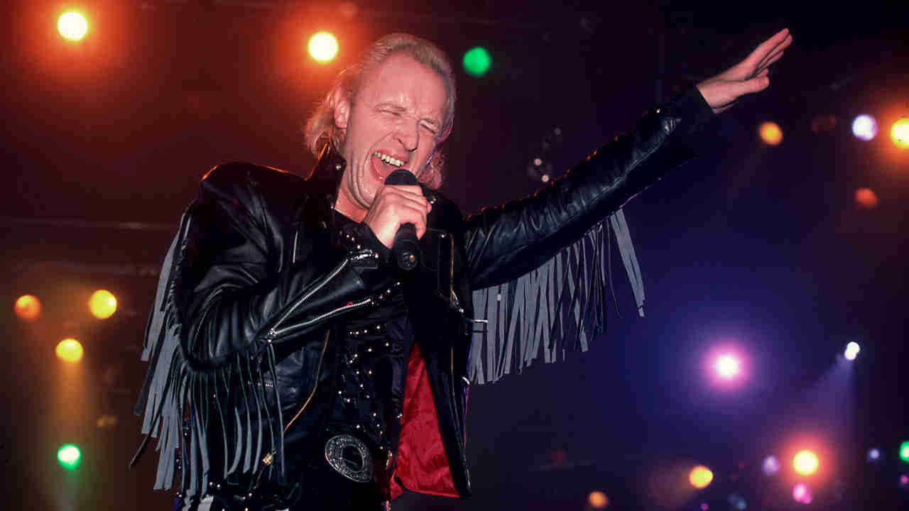 Judas Priest’s Rob Halford performing onstage in 1986