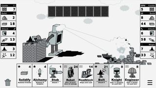 A robot destroying the opposing castle with its laser eyes in Castle V Castle.