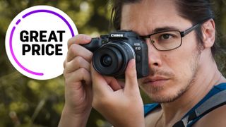 Photographer James Artaius holding the Canon EOS R10 with the text "Great Price"