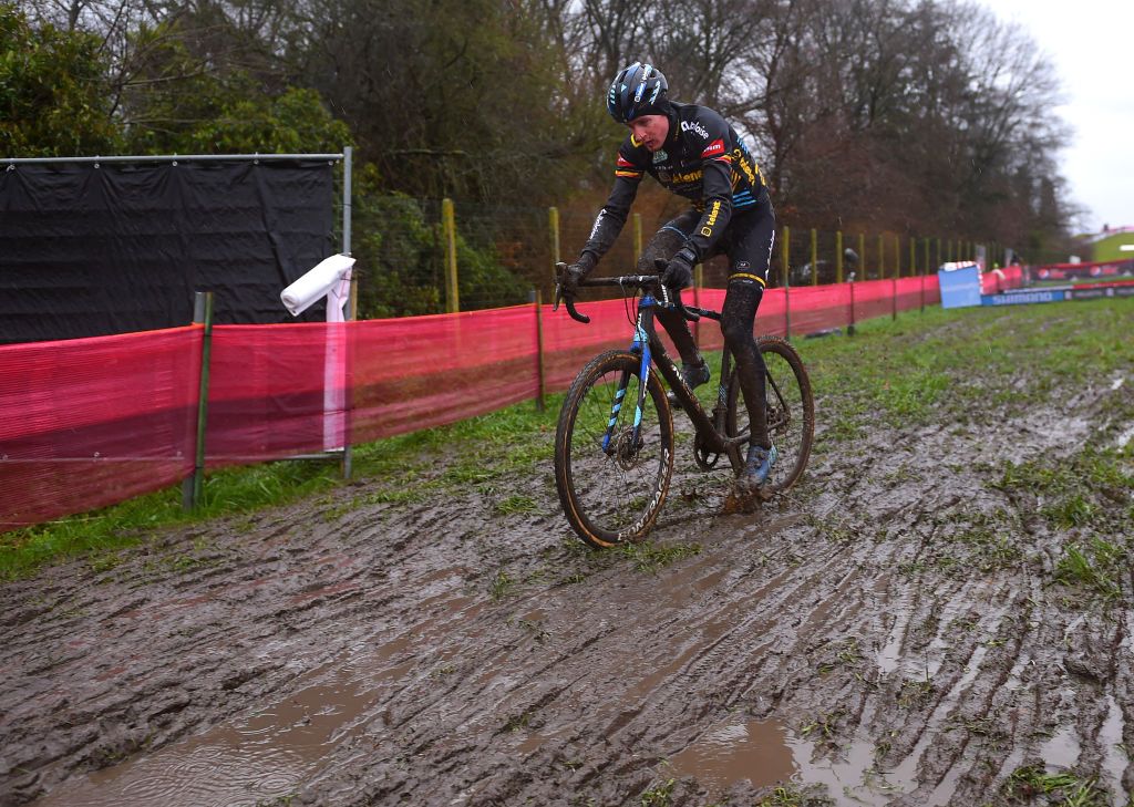 DENDERMONDE BELGIUM DECEMBER 27 Toon Aerts of Belgium and Team Telenet Baloise Lions Circuit flooded due to the heavy rain caused by Storm Bella The organizers has been forced to modify the circuit due to the many damaged and flooded circuit areas during the 1st Dendermonde World Cup 2020 Men Elite dendermonde CXWorldCup UCICyclocrossWC Cyclocross on December 27 2020 in Dendermonde Belgium Photo by Luc ClaessenGetty Images