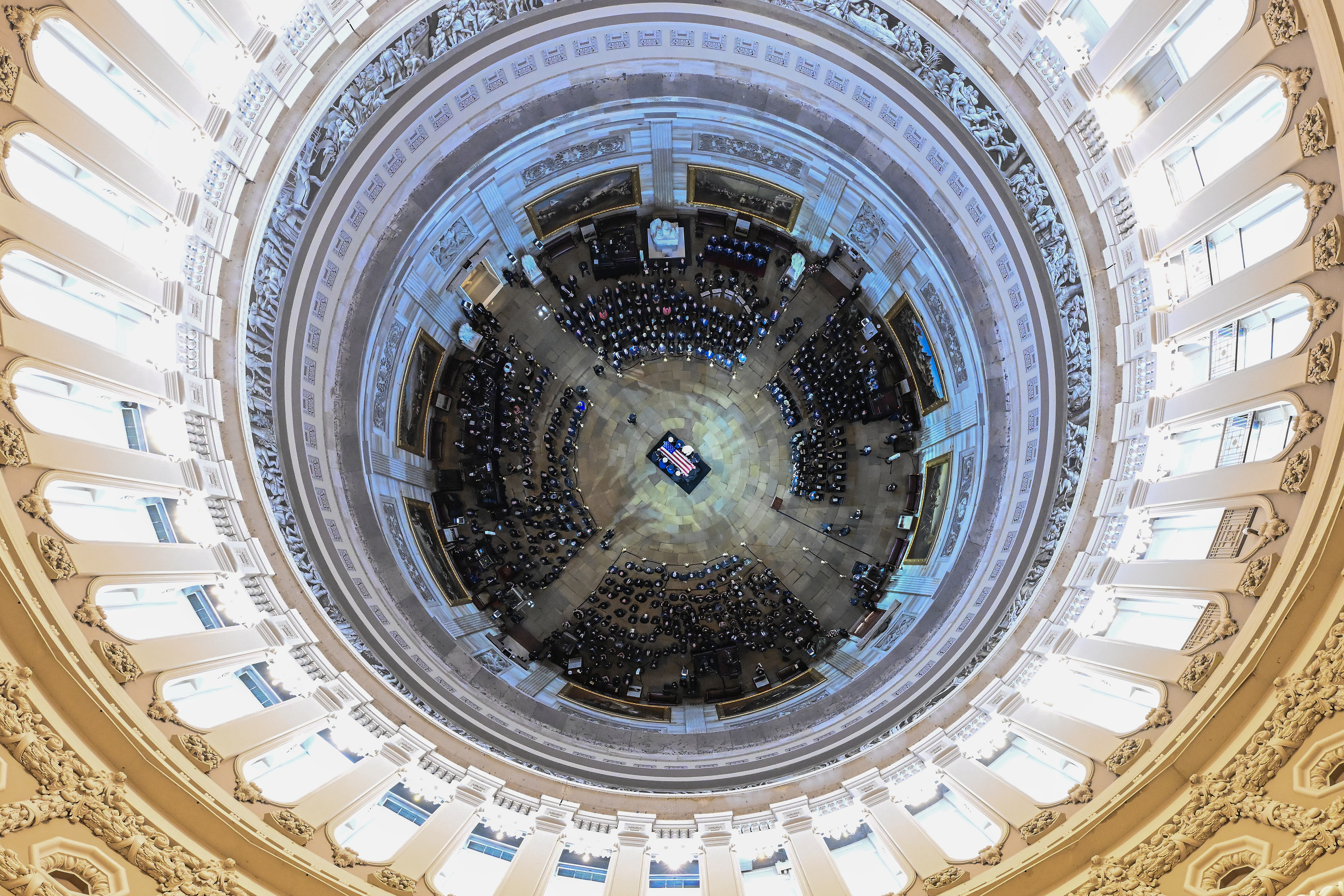 WASHINGTON, DC - JULY 28: An Armed Forces Body Bearer Team moves the casket of late Senator Lindsey Graham (R-SC) for a Congressional tribute in the Rotunda of the U.S. Capitol on July 28, 2026, in Washington, DC. Graham,&amp;nbsp;who was elected to the Senate in 2002, died suddenly on July 11th from an aortic dissection. He was 71 years old. (Photo by Kenny Holston - Pool/Getty Images)