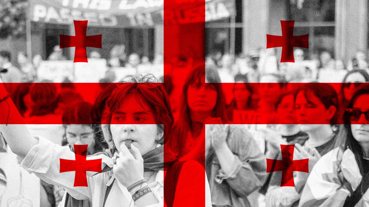 Photo collage of the Georgian flag overlaying a black-and-white photo of Georgian women protesting in Tbilisi against the foreign influence bill