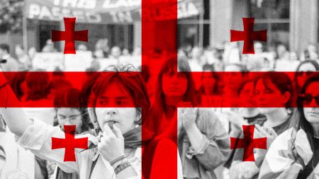 Photo collage of the Georgian flag overlaying a black-and-white photo of Georgian women protesting in Tbilisi against the foreign influence bill