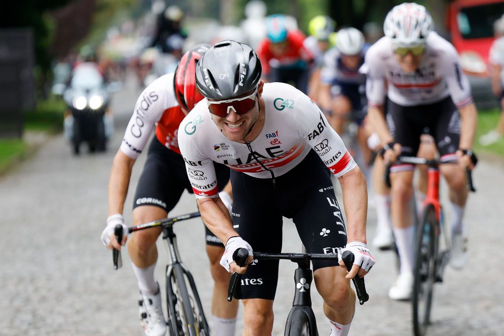GERAARDSBERGEN BELGIUM AUGUST 25 Marc Hirschi of Switzerland and UAE Team Emirates attacks in the breakaway during the 19th Renewi Tour 2023 Stage 3 a 1712km stage from Aalter to Geraardsbergen UCIWT on August 25 2023 in Geraardsbergen Belgium Photo by Bas CzerwinskiGetty Images