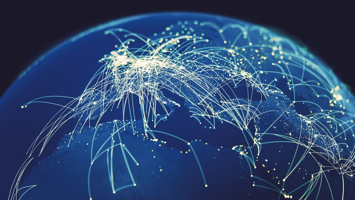 A 3D render of the Earth showing Europe and the Middle East with lines overlaid to represent travel routes