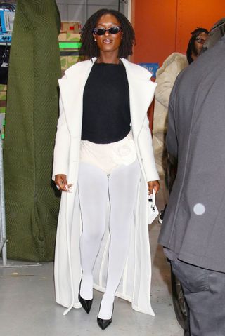 Jodie Turner-Smith wearing white leggings in New York.