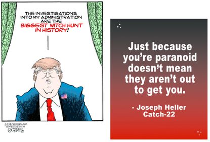 Political cartoon U.S. Trump Russia investigation witch hunt Catch-22
