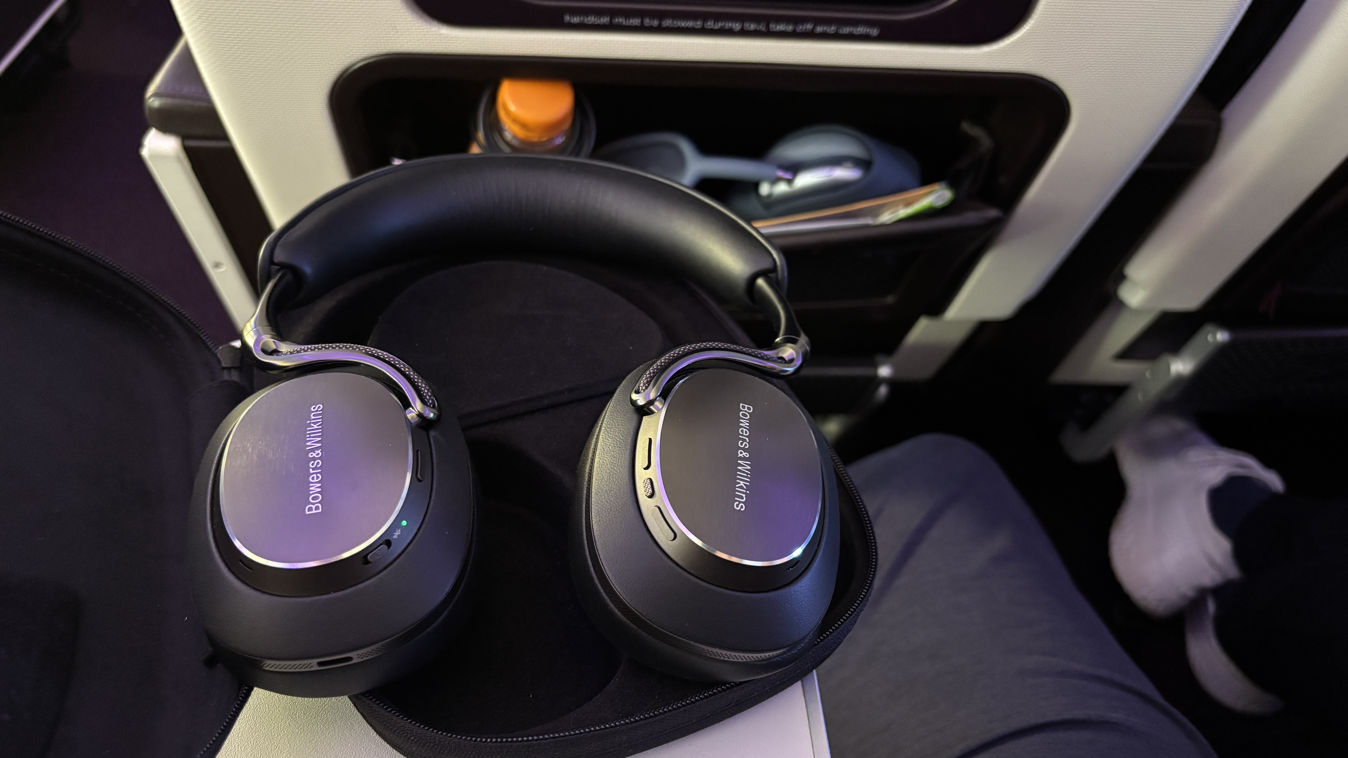 B&amp;amp;W PX8 S2 headphones on their case on an aeroplane