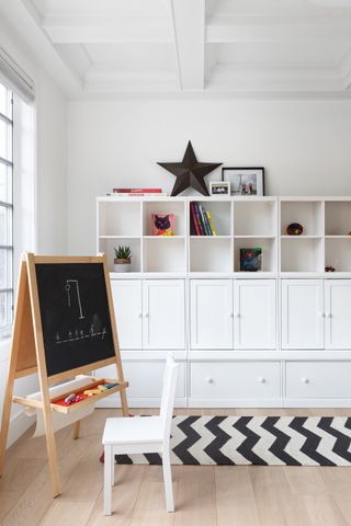 A study room with white toned storage and a blackboard