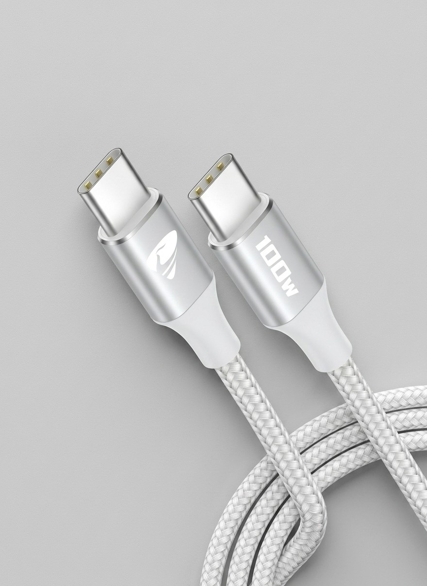 A USB Type-C to Type-C fast charging cable on a grey background