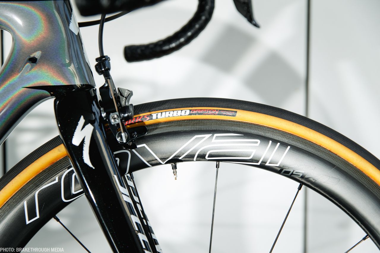 Peter Sagan is using 28mm Specialized S-Works Turbo Gripton tyres and Roval CLX 50 wheels.