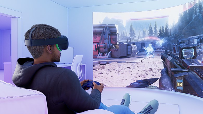 A mock-up of a man playing Xbox Cloud Gaming on a black Xbox-themed Quest
