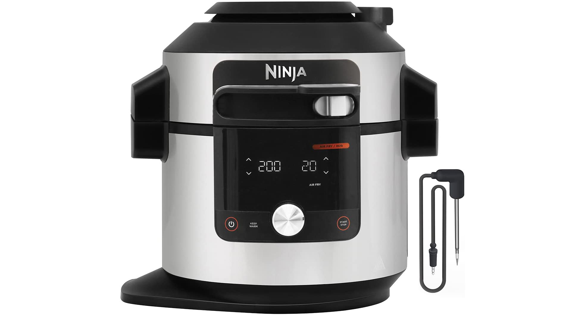 Ninja Foodi Max 15-in-1 Smaret Lid multi cooker with a temperature probe on a white background
