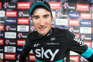 Stage winner Gianni Moscon in the mix zone