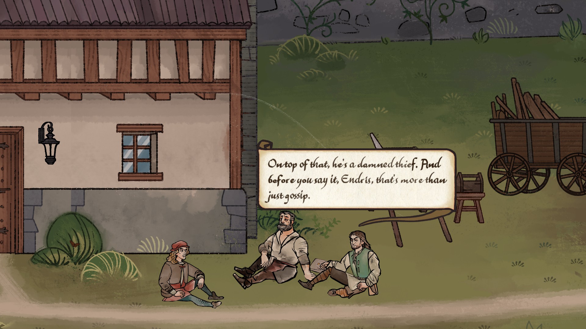 Three medieval villagers sitting on grass in Pentiment