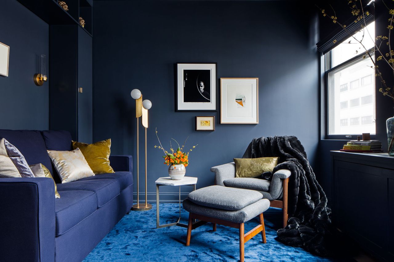 A navy blue living room with a blue rug and blue sofa