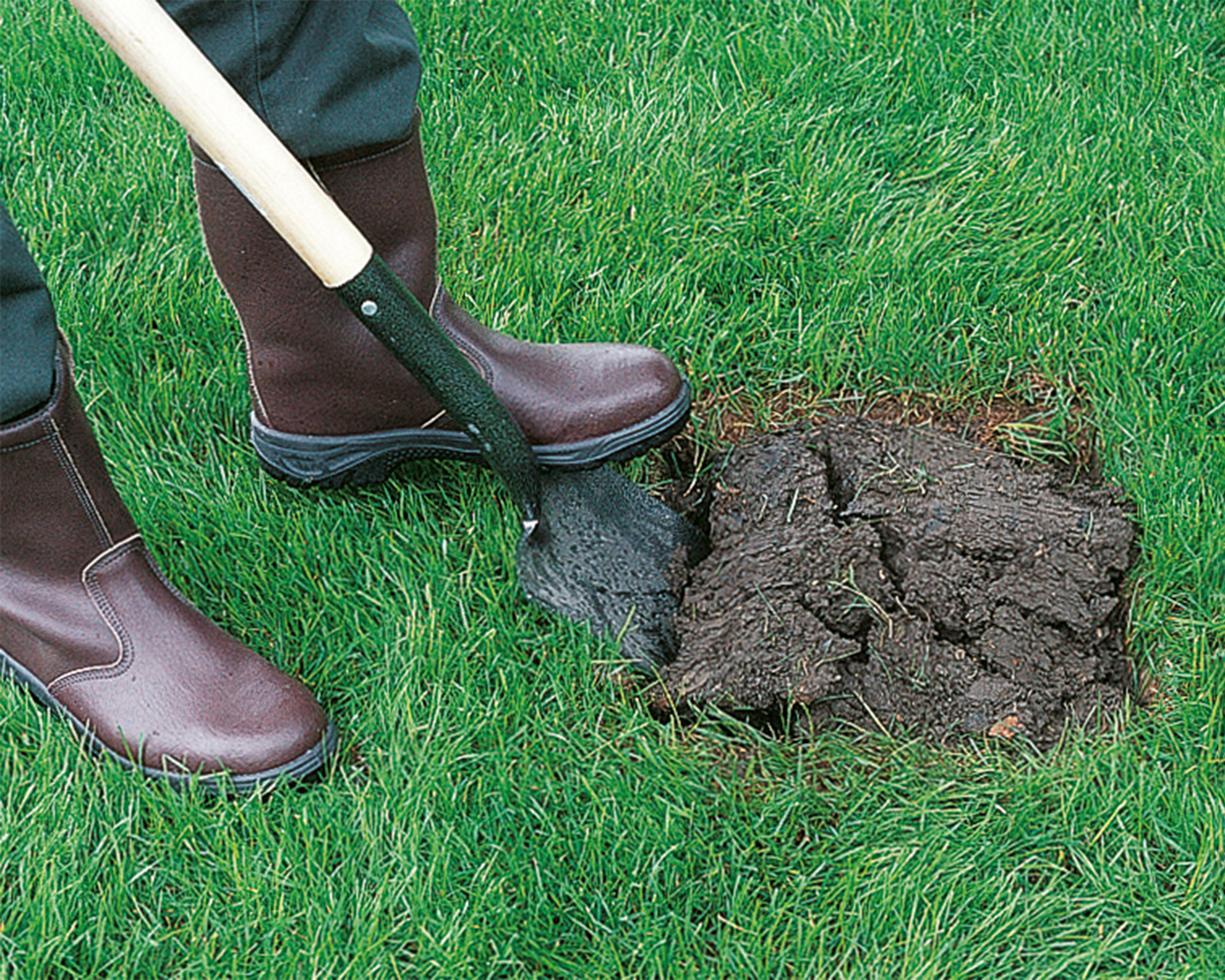 Man digging a hole in a lawn for a new fence post