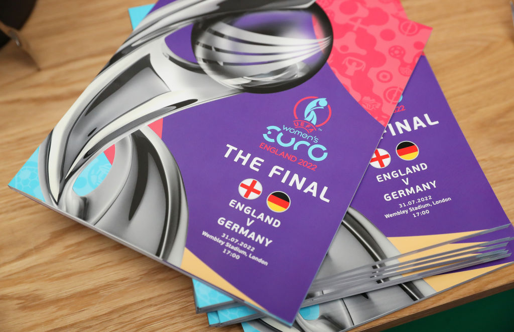 Match programs are seen on a desk prior to the UEFA Women's Euro 2022 final match between England and Germany at Wembley Stadium on July 31, 2022 in London, England.